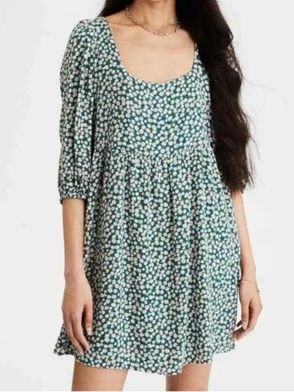 American Eagle Outfitters Teal Floral Tie-Shoulder Dress
